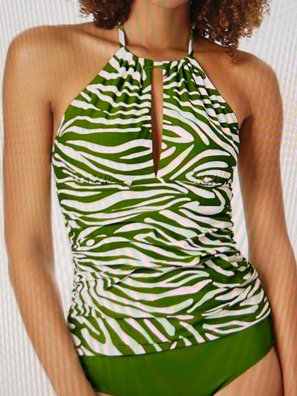 Anne Cole Halter Style Zebra Print Tankini Top Ruching, Gold Charms, Logo Sz Lg